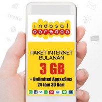 Internet INDOSAT - Unlimited APPS - Indosat 3GB (3G/4G)+15GB Apps&Sms sesama 24jam, 30hari